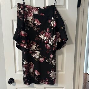 Bebe Black Dress with Red Floral Design